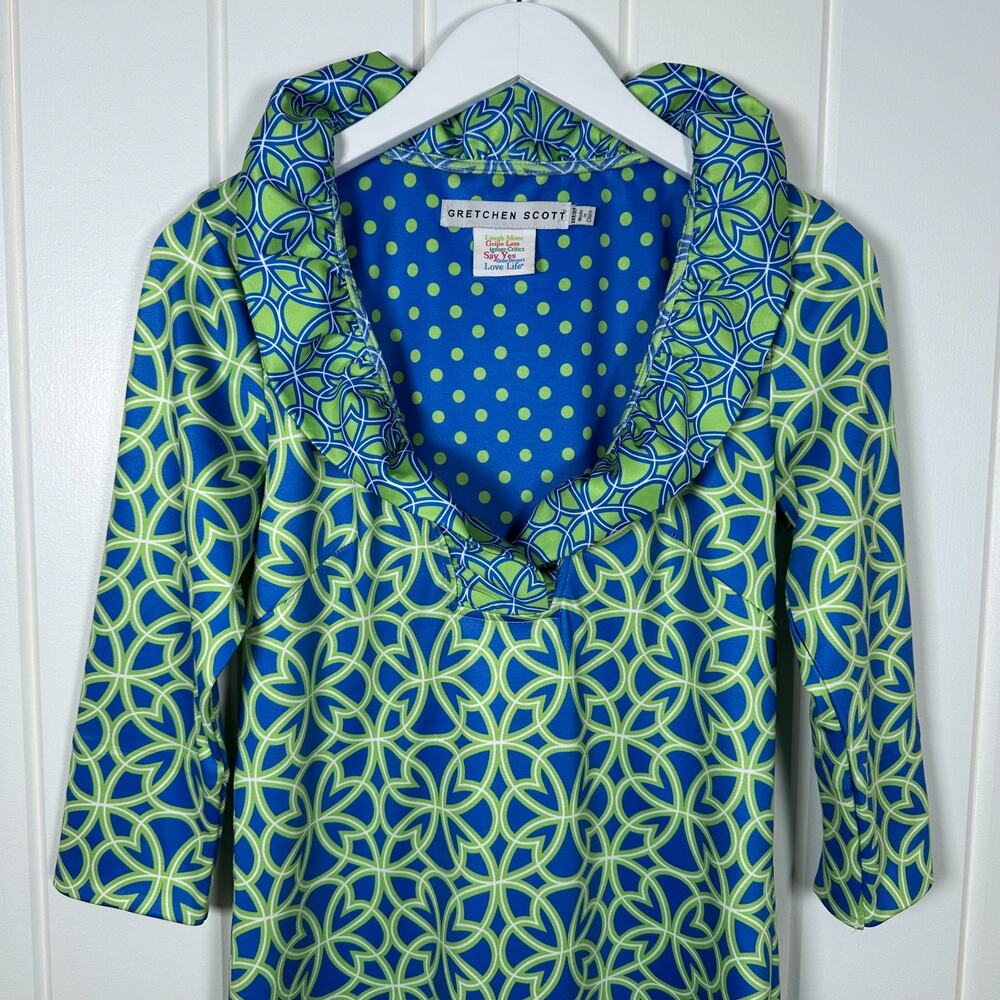 Gretchen Scott Dress Small Blue Green Ruffle Neck‎ Jersey Geometric Stretch